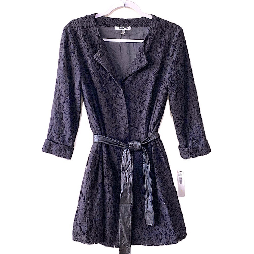 𝅺nwt DKNYC Black Lined Lace Collarless Shirtdress Size Medium